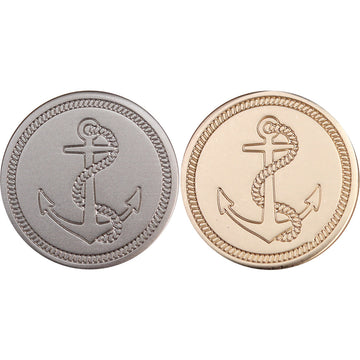 Set of anchor metal buttons: rose gold and shiny silver, round engraved anchor