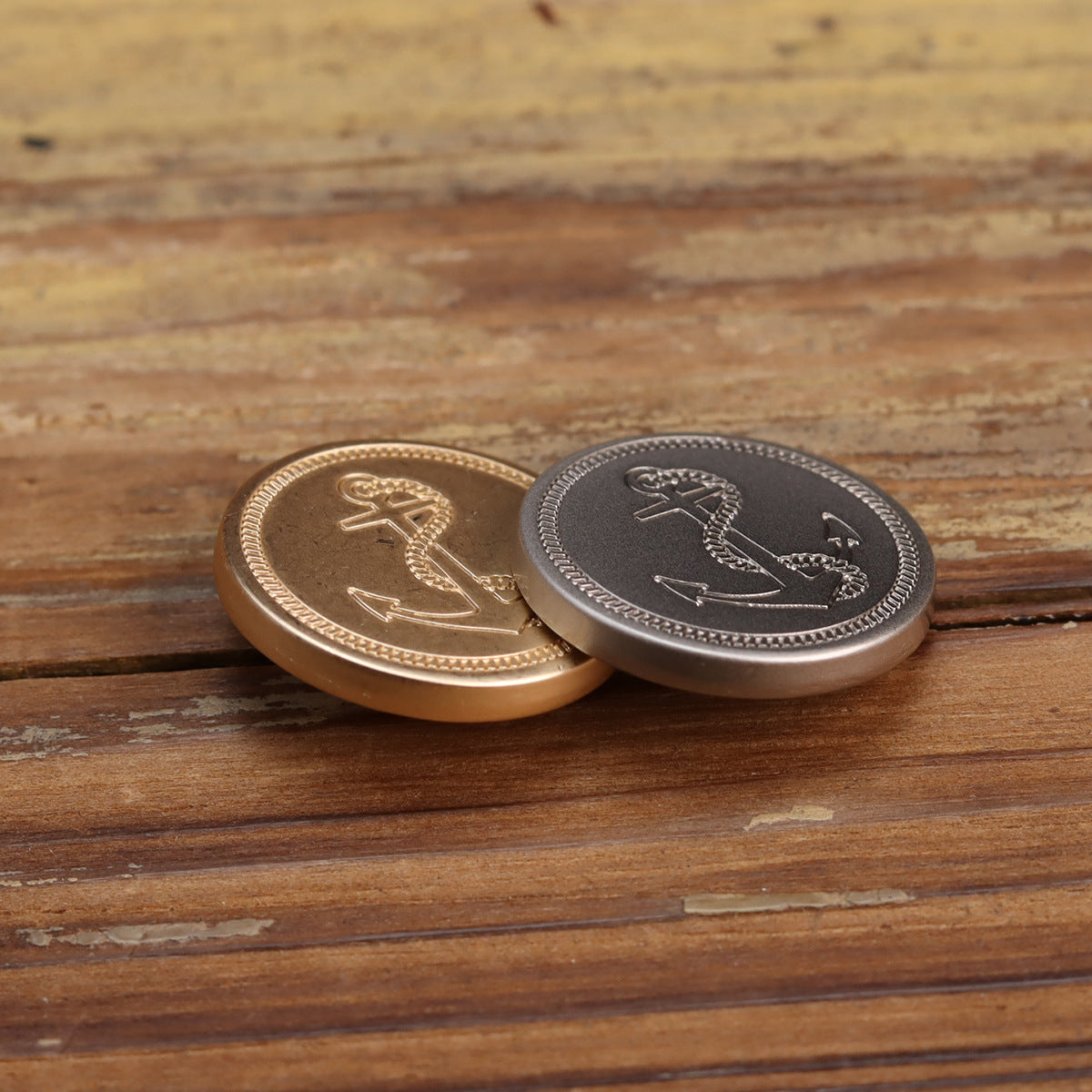 Rose gold and shiny silver anchor metal buttons, round engraved anchor motif