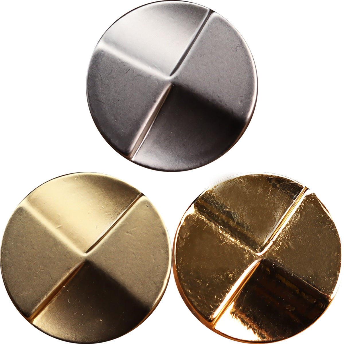 Round metal button, matte silver tone with four-panel cross design