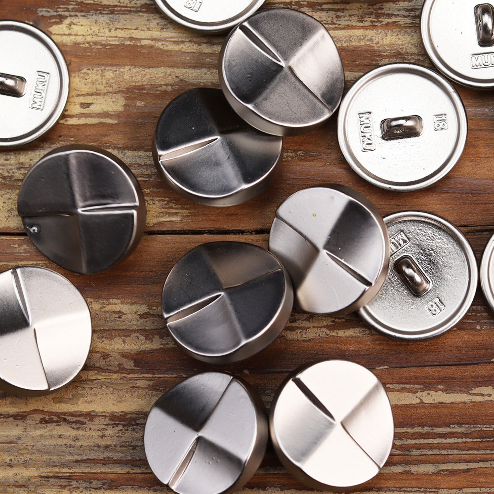 Silver round metal buttons, backs with shanks and engraved marks