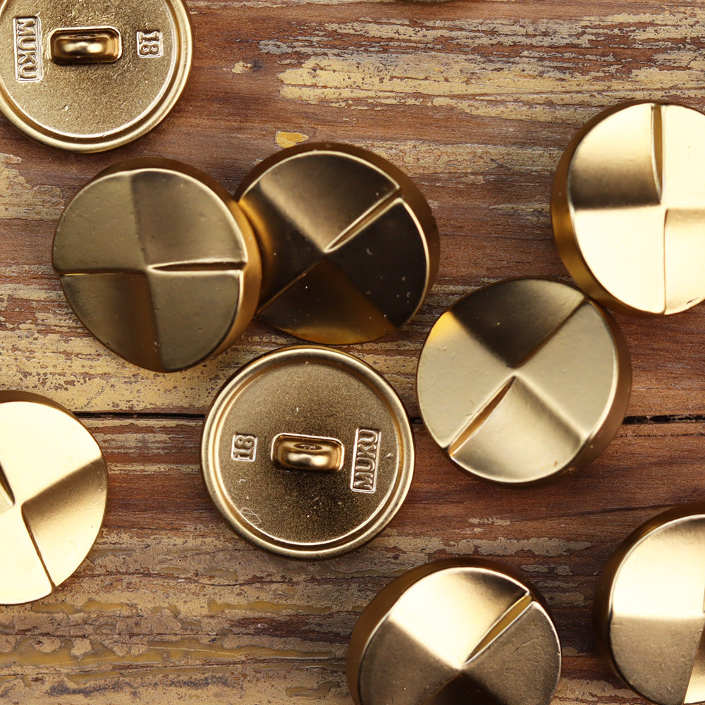 Gold round metal buttons, backs with shanks and embossed letters