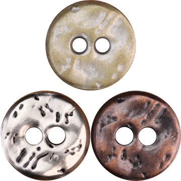 Two-hole textured metal buttons: antique silver and red bronze, irregular round