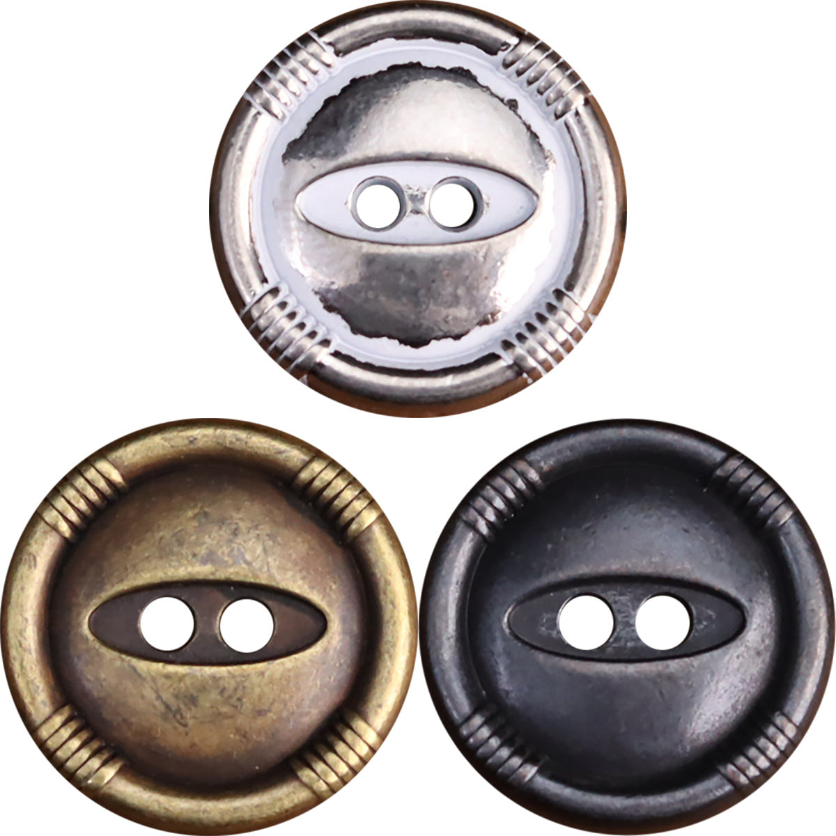 Fish-eye antique metal buttons: silver, bronze and black, two-hole design with ridged edge