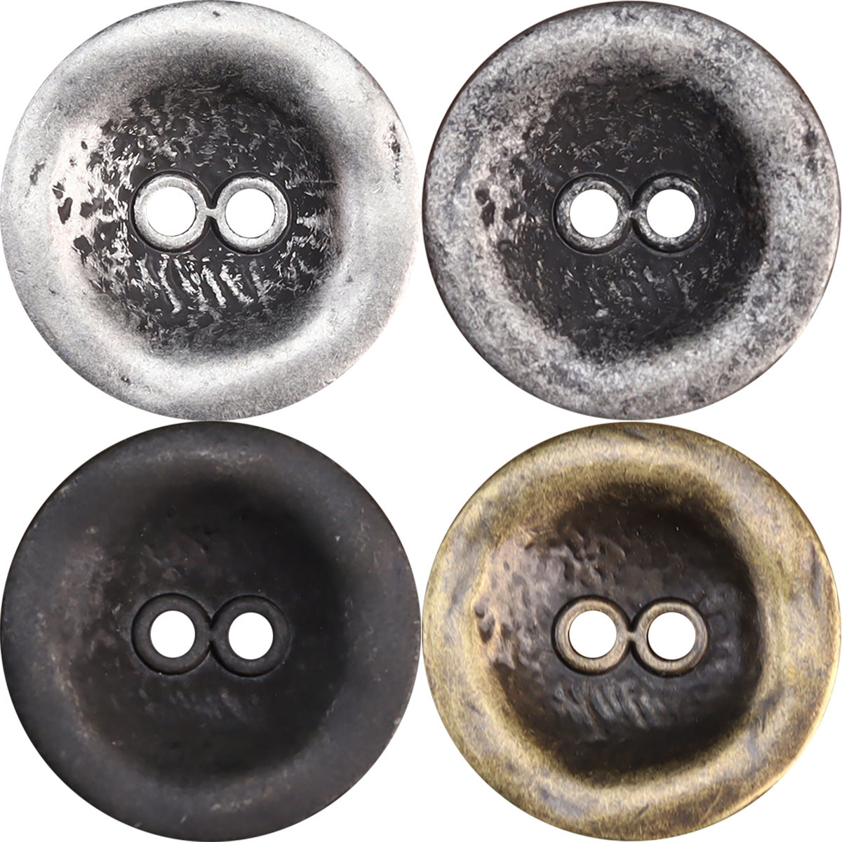Antiqued two-hole metal buttons: white silver, black silver, bronze, 20-pack