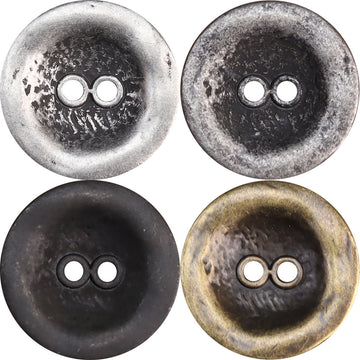 Antiqued two-hole metal buttons: white silver, black silver, bronze, 20-pack