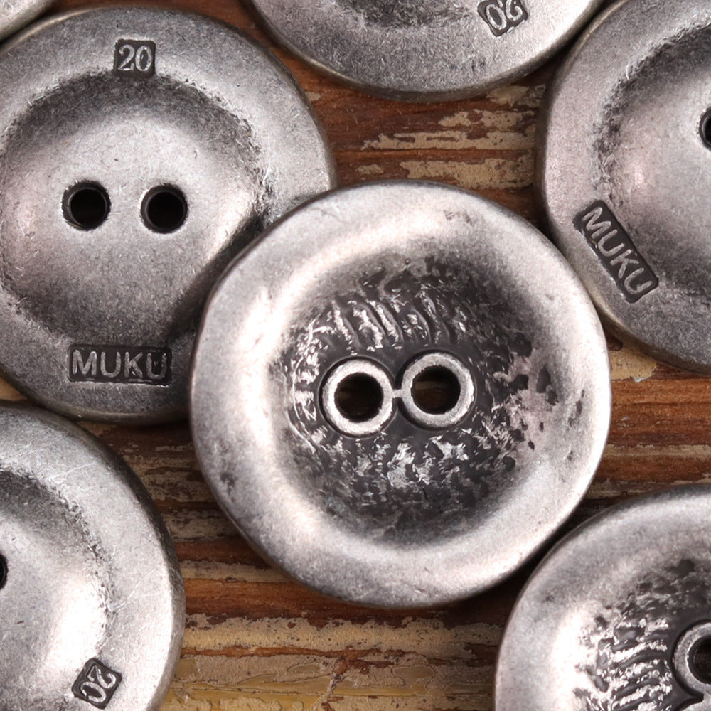 Two-hole metal button, white silver antiqued finish with stamped details