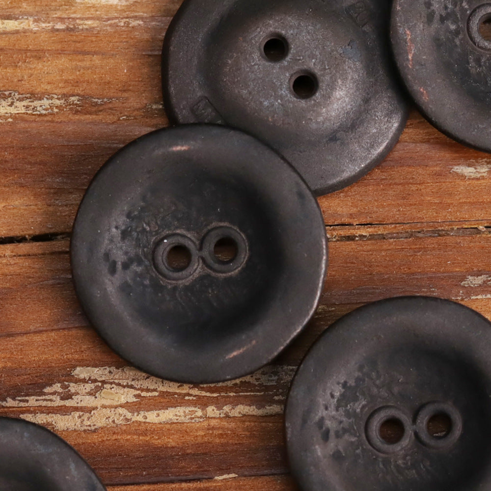 Two-hole metal button, black silver antiqued finish, round jacket style