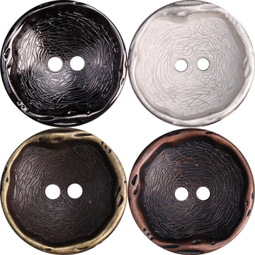 Antique metal 2-hole buttons, set of four: black, silver, bronze, red bronze