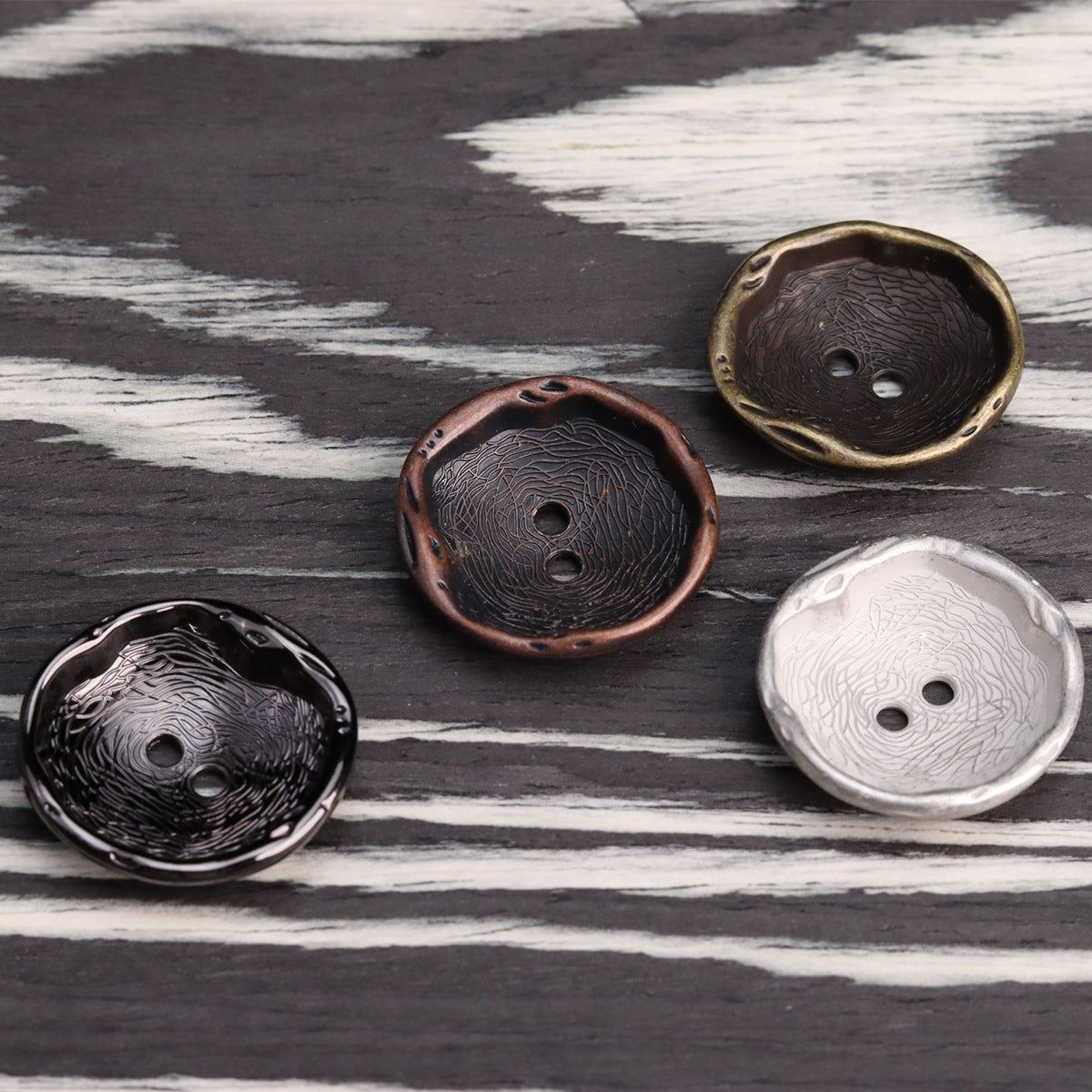 Antique 2-hole metal buttons in black, red bronze, silver and bronze (mixed set)