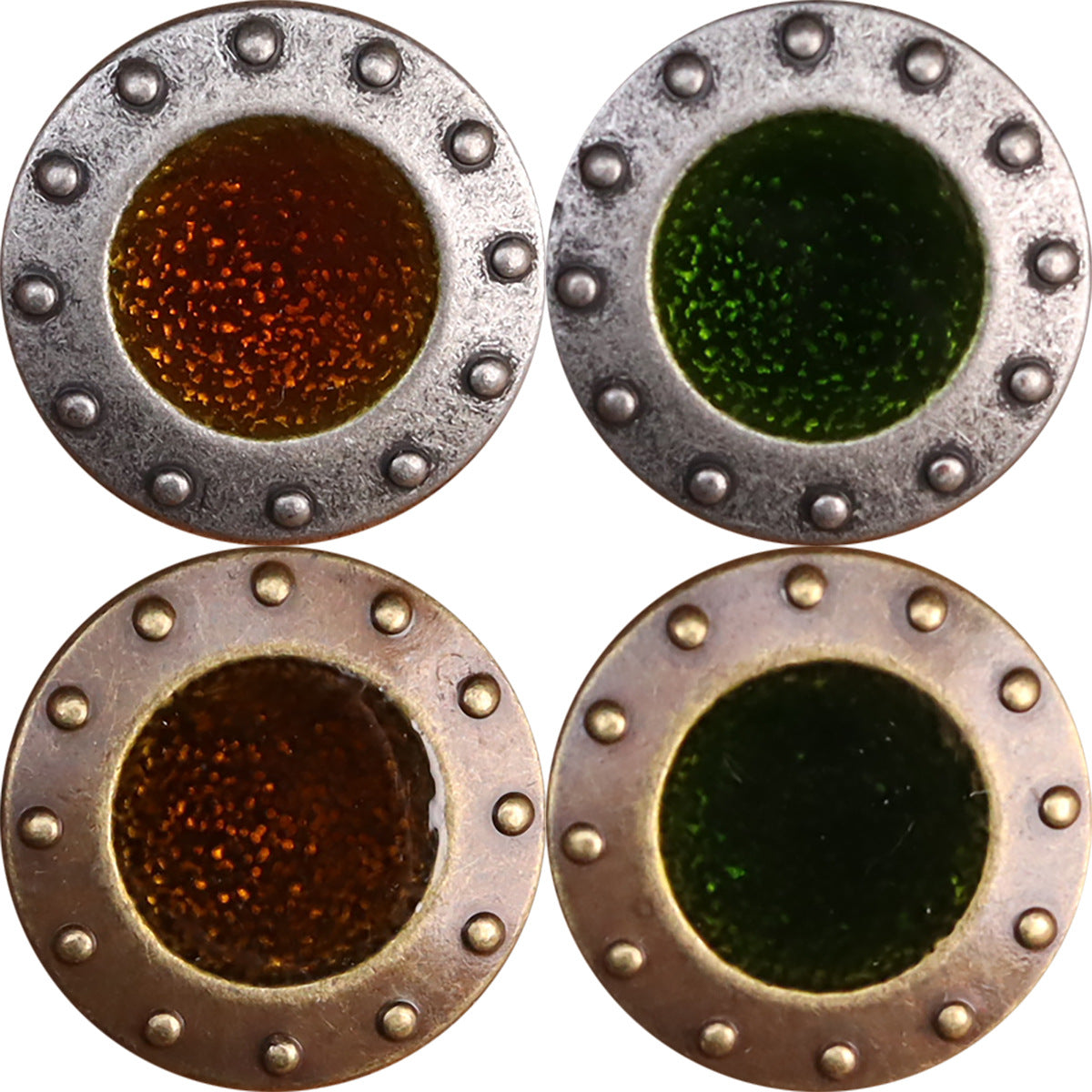 Retro palace style metal sew-on button with dark green glitter center and stud border, 20mm