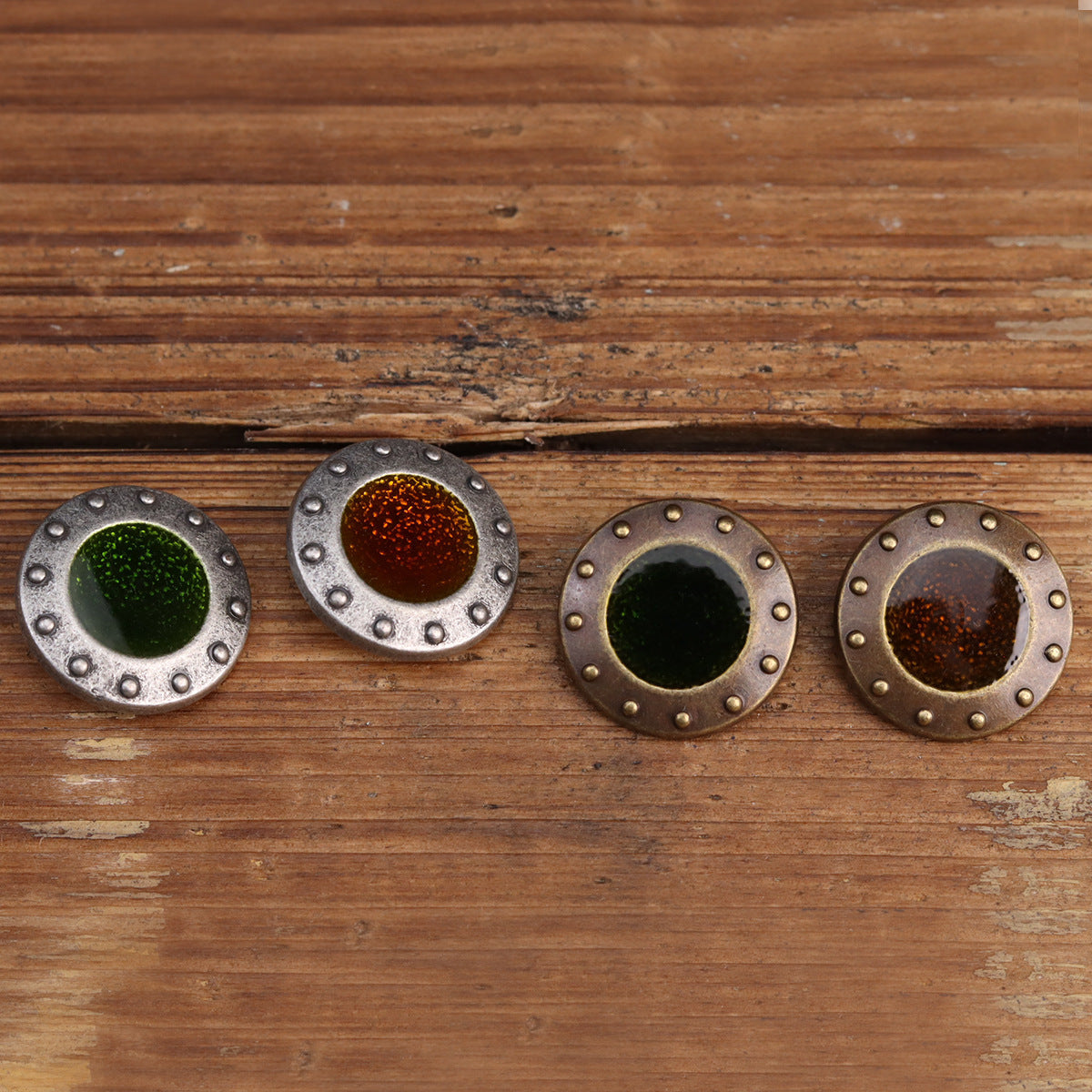 Set of round metal sew-on buttons with dark green and brown glitter centers, stud rim detail