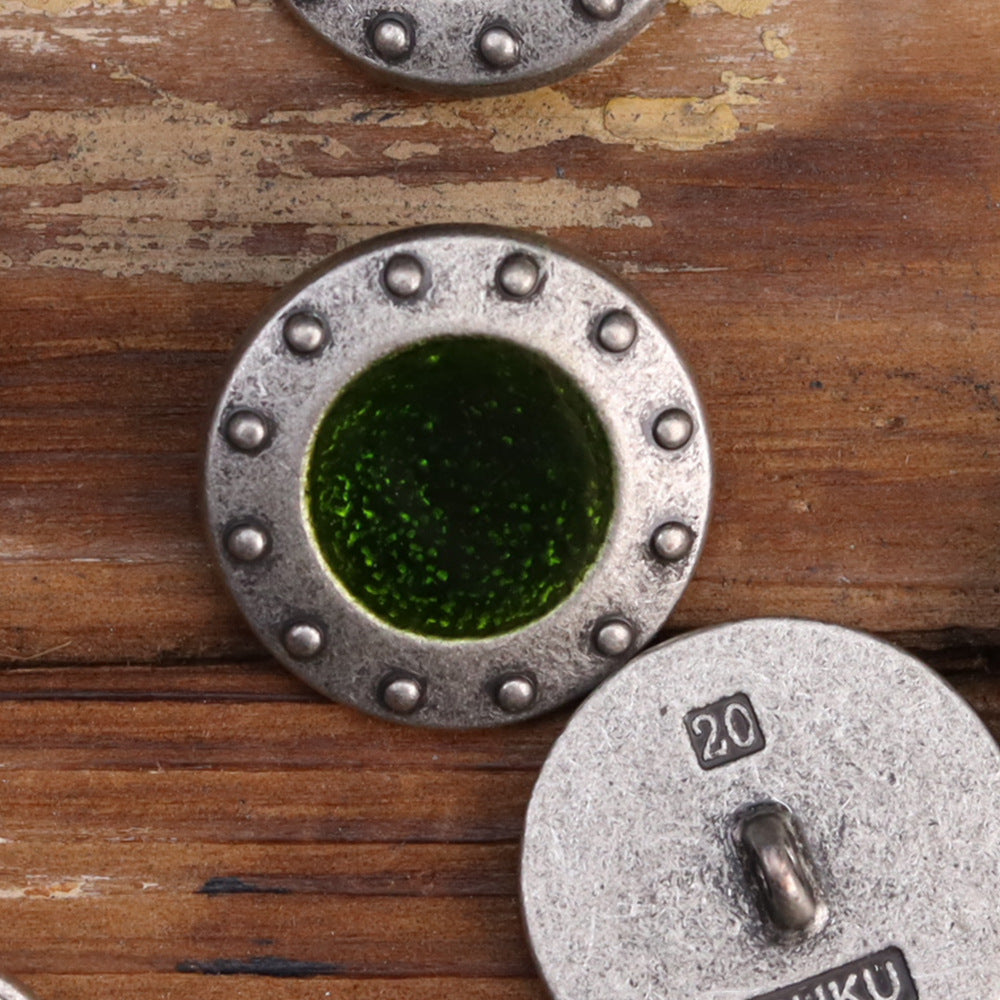 Metal sew-on button with dark green glitter center; back shows “20” marking and two holes