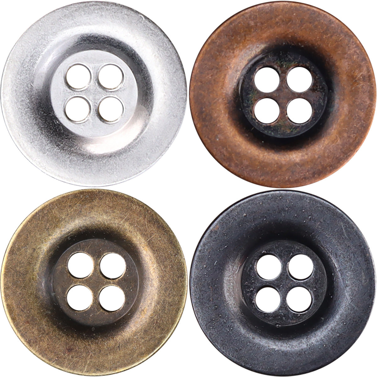 Metallknöpfe, breiter Rand, 4 Löcher (silber, schwarz, braun, bronzefarben)