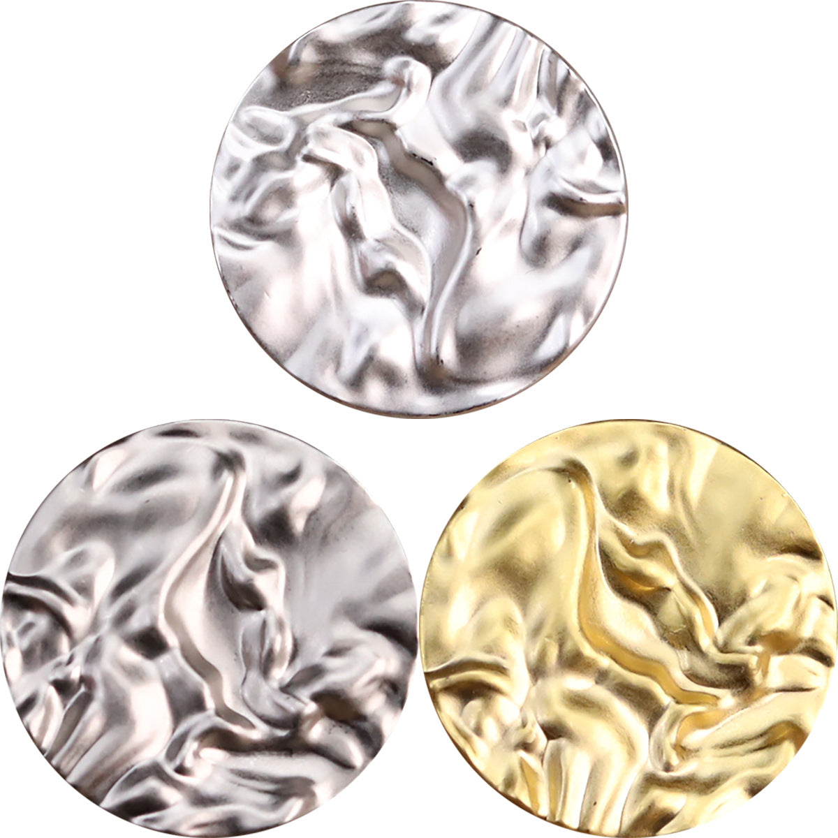 Wavy round metal buttons in silver matte-gold, hand-sewn style, 15-pack