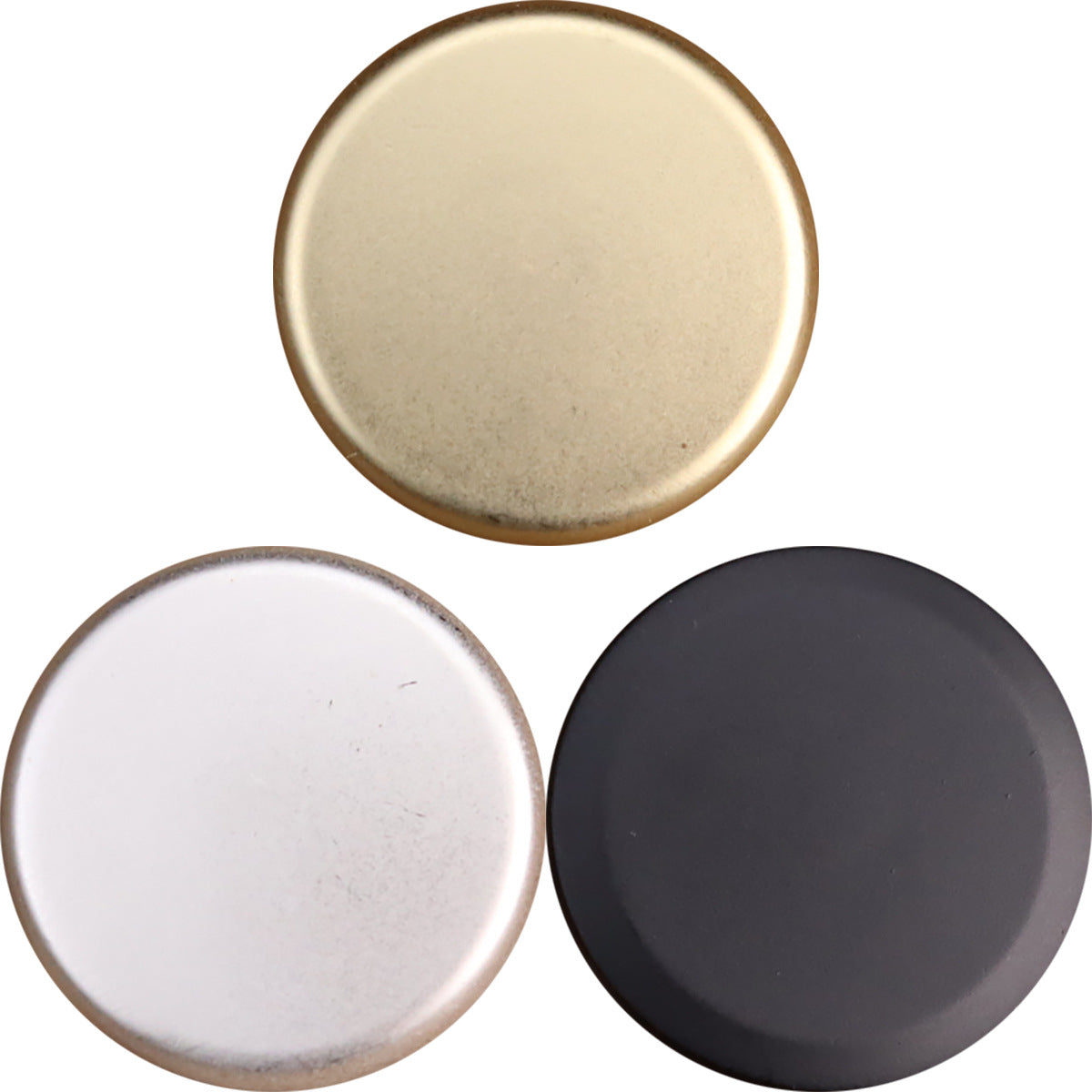 Matte flat-shank metal buttons: round discs, black, silver, gold