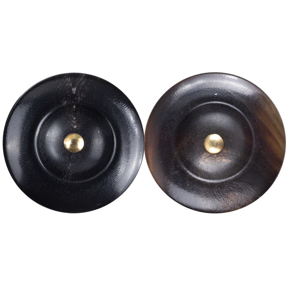 Wide-edged shank horn button, black finish with brass center