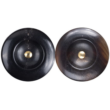Wide-edged shank horn button, black finish with brass center