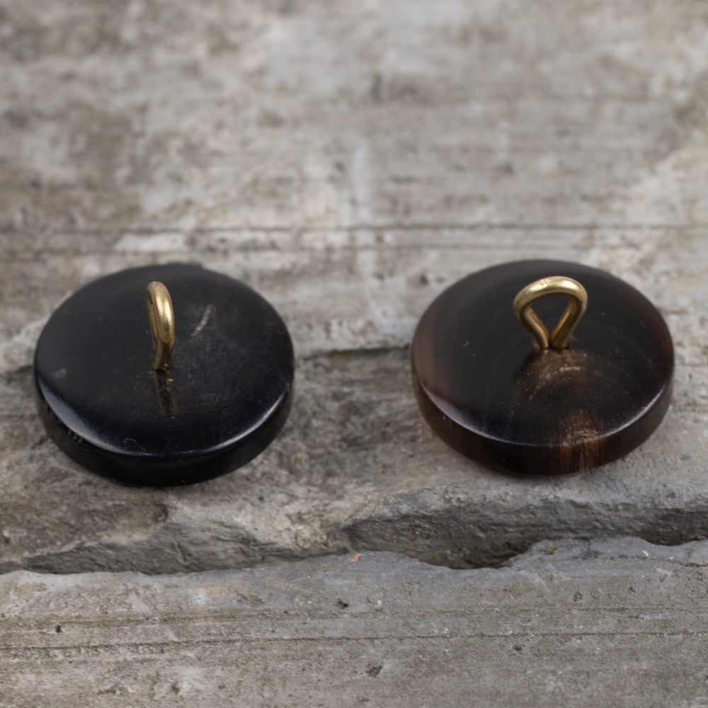 Two horn shank buttons, black discs with brass posts and wide edges