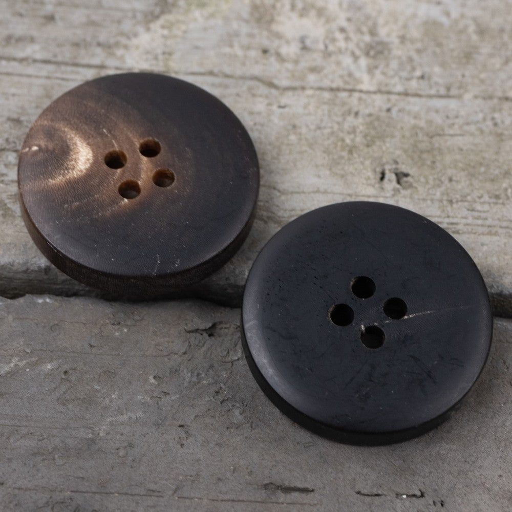 Deep coffee and black horn-style buttons, thick wide edge, 4-hole