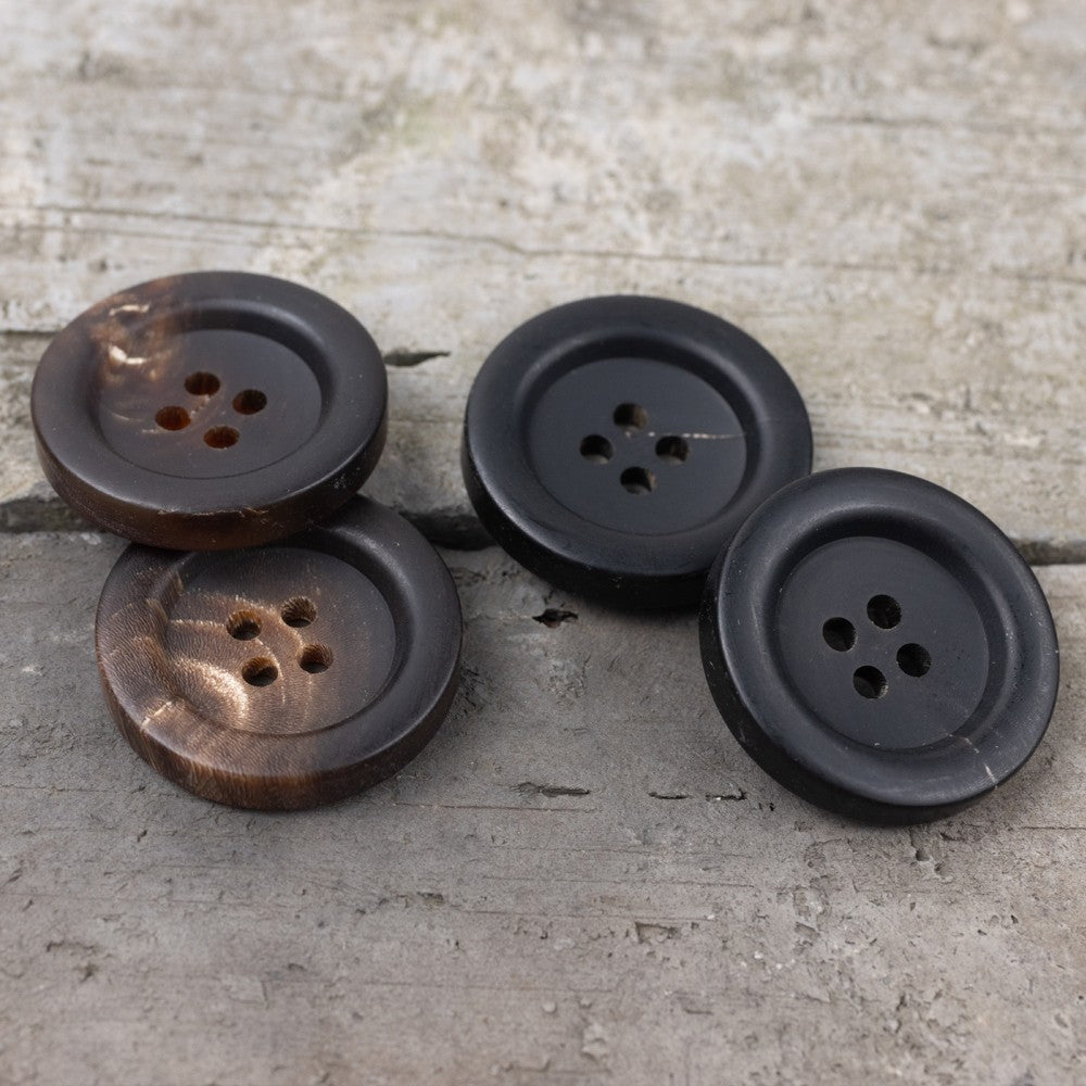 Mixed black and deep coffee horn buttons, thick wide brim, 4 holes visible