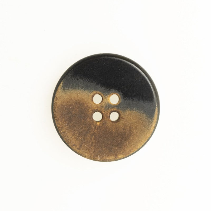 Black and bronze mottled flat retro horn button, four-hole front, round