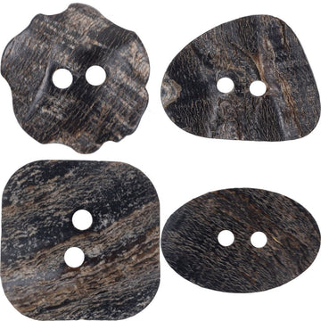 Black horn buttons set: flower, oval, rounded triangle, and square shapes