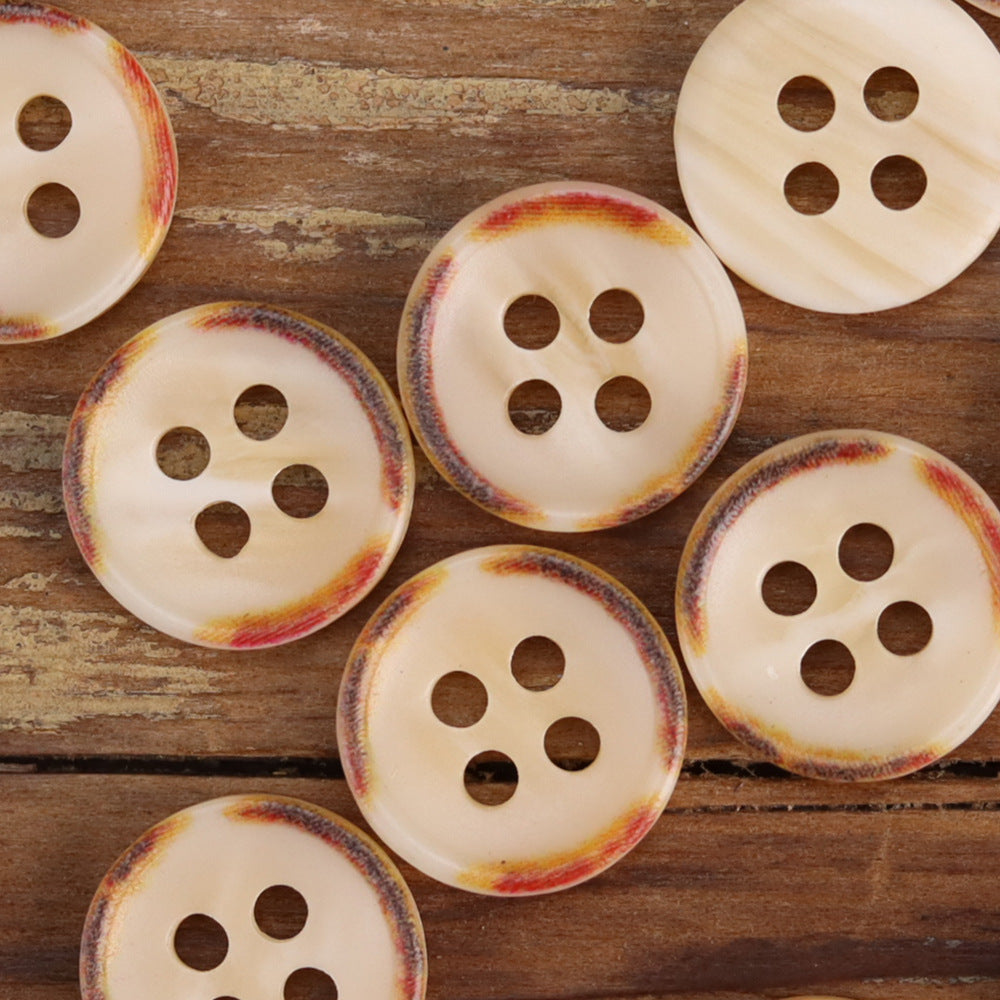Assorted cream resin shirt buttons, fire-burned rim, four-hole round bowl shape
