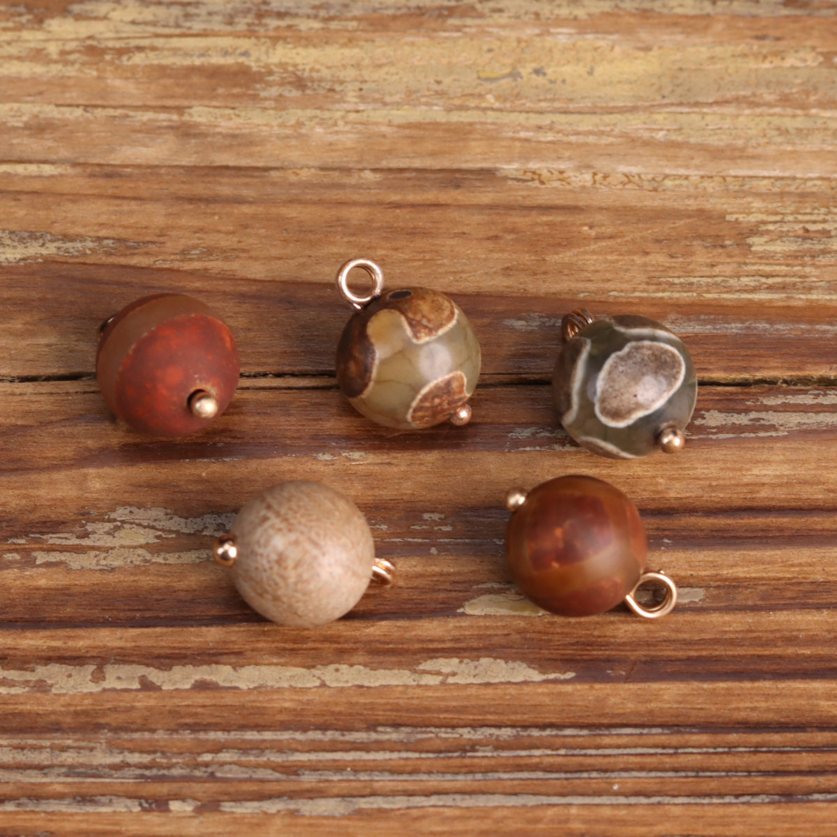 Agate Chinese button beads with metal loops: red, tan speckled, and cream-and-brown