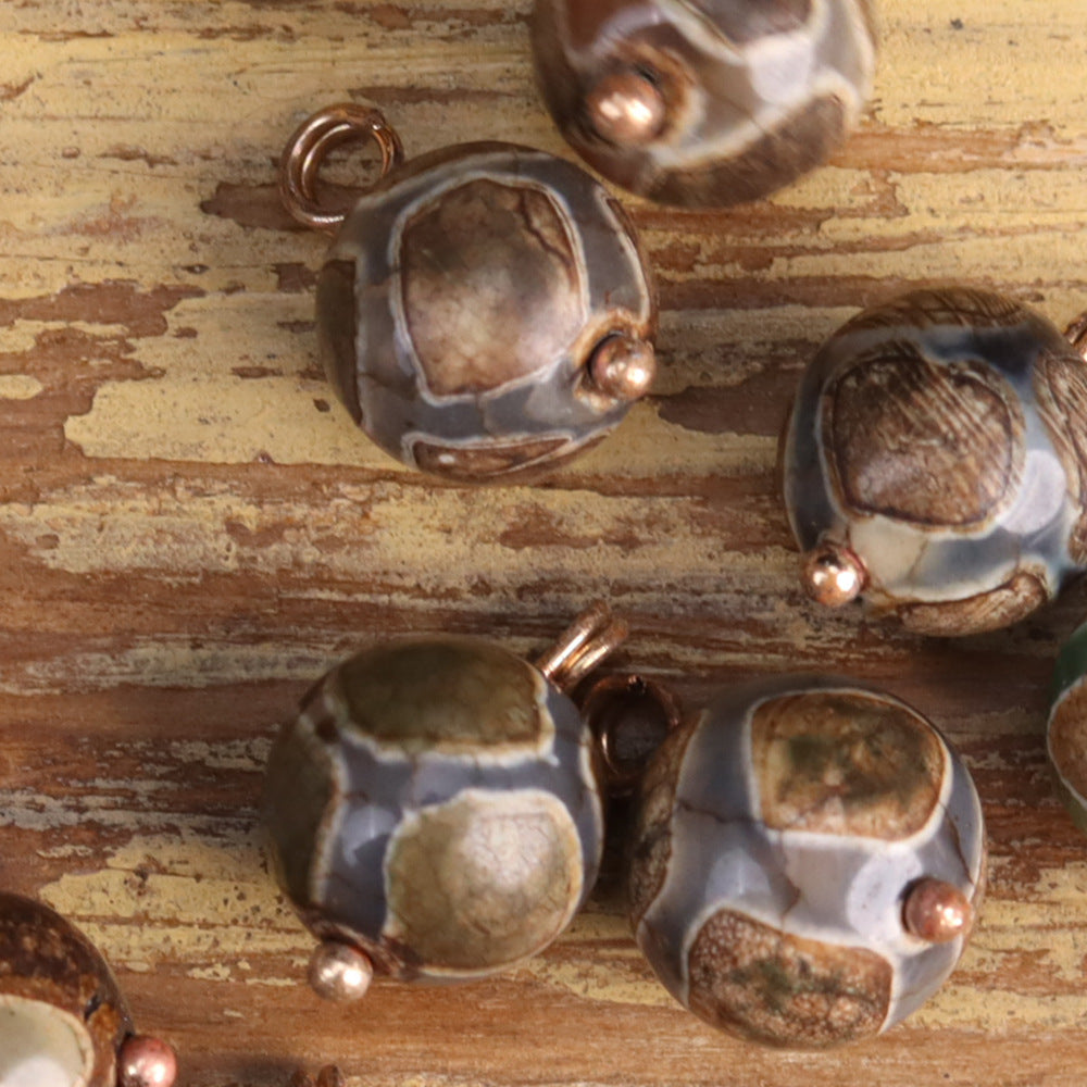 Grey-and-white agate Chinese button beads with metal loops and copper ball details