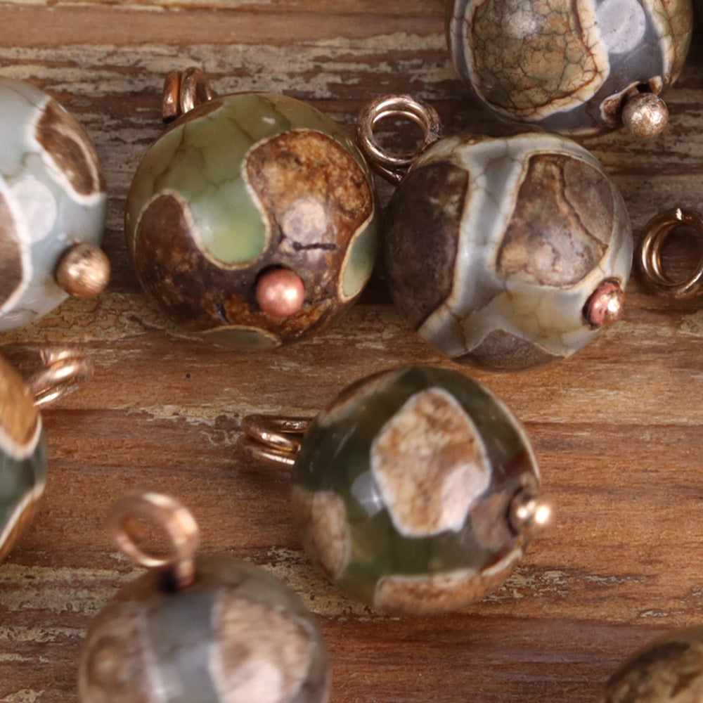 Green and grey agate Chinese button beads with metal loops and copper ball accents