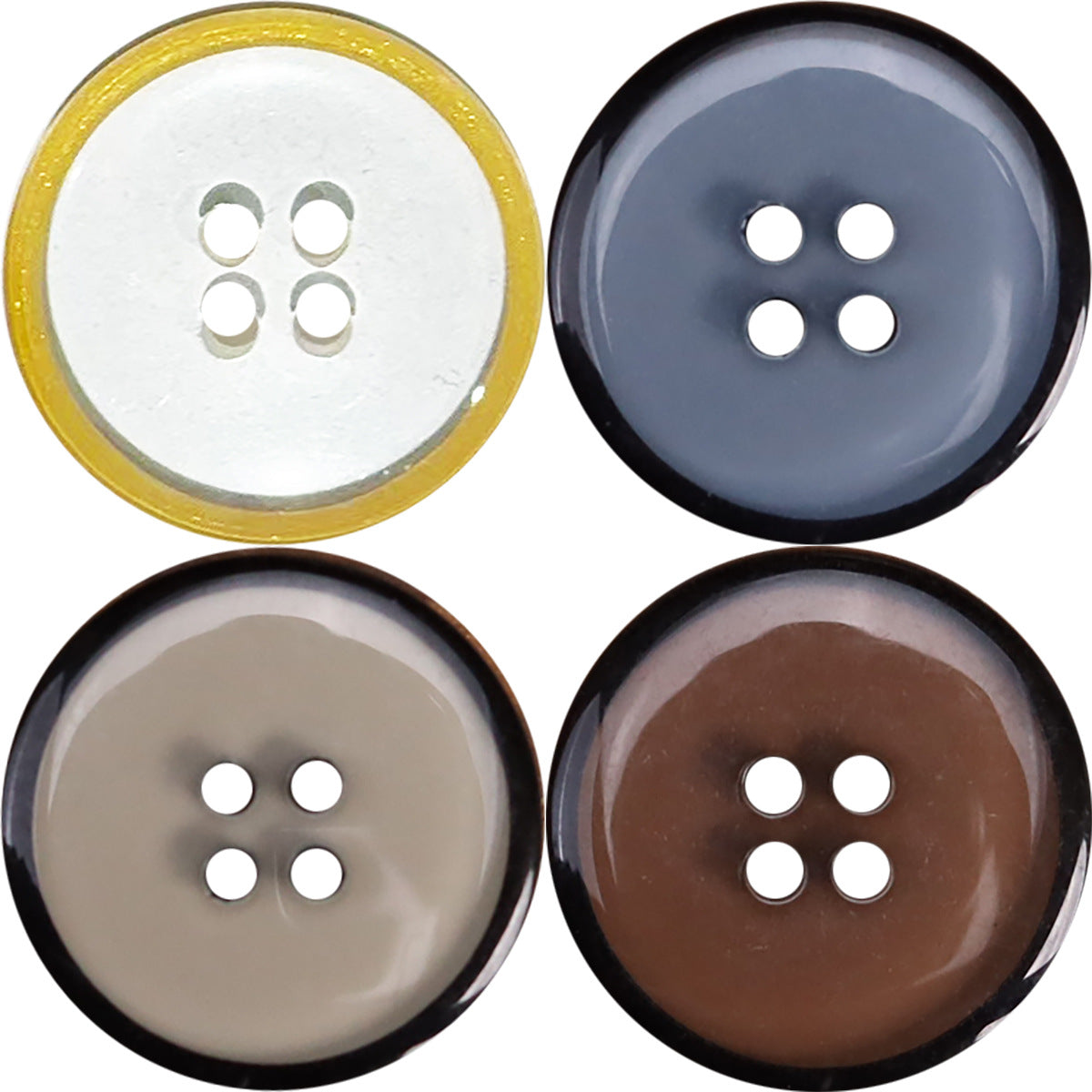 Four-hole transparent resin button with yellow-gold rim and dark center, jacket closure