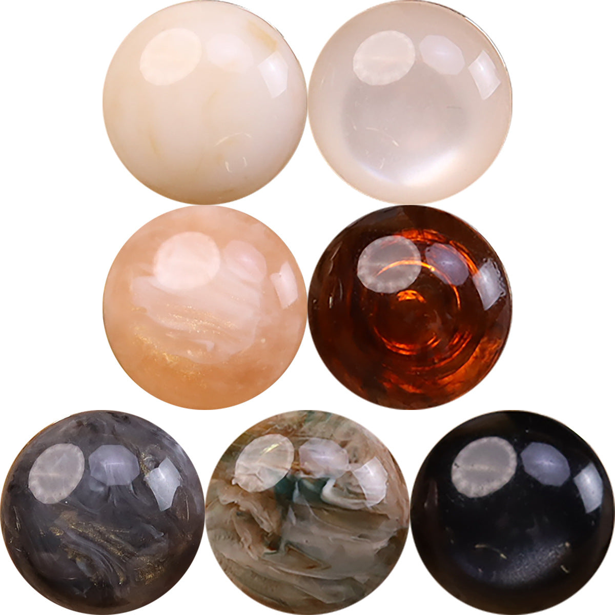 Cat’s eye resin combination buttons, round domed mix of pale pink, amber, gray, and dark