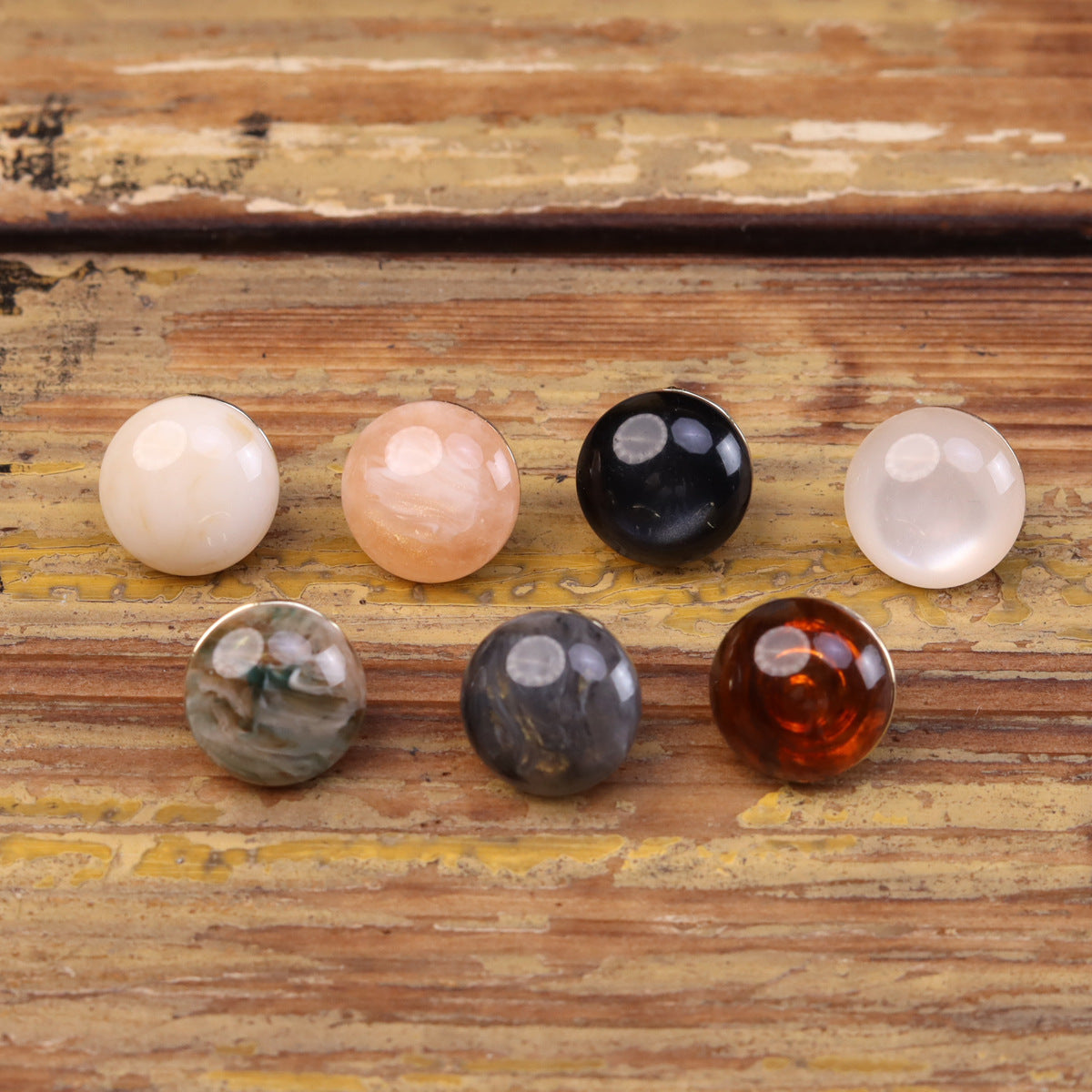 Round cat’s eye resin buttons set, pale pink, blush, black, gray marbled, and amber tones
