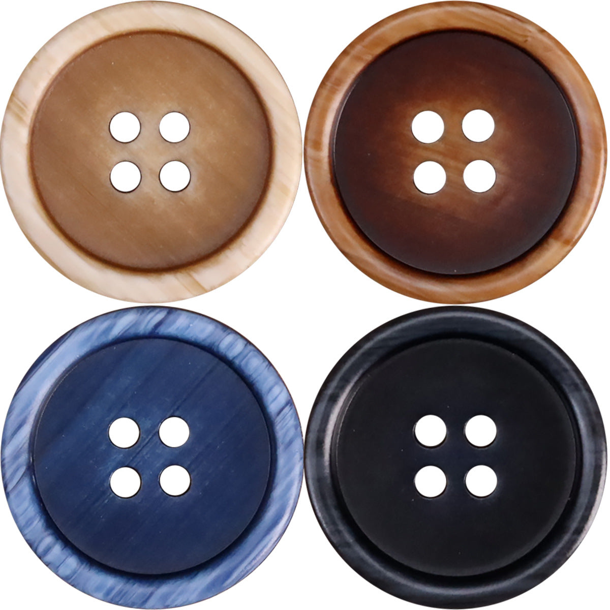 Resin double-sided jacket buttons (4-hole), set of 4: tan, dark brown, blue, black.