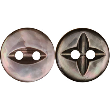 Black mother-of-pearl shirt buttons with star and two-hole design, front view
