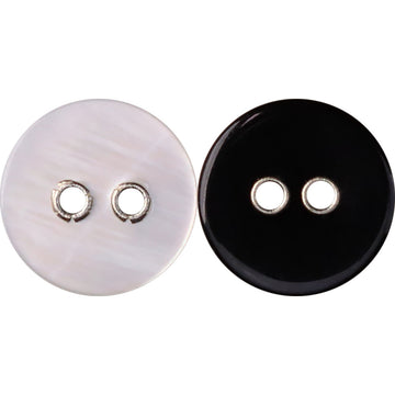 Black and white 2-hole metal shell buttons with silver eyelets, front view