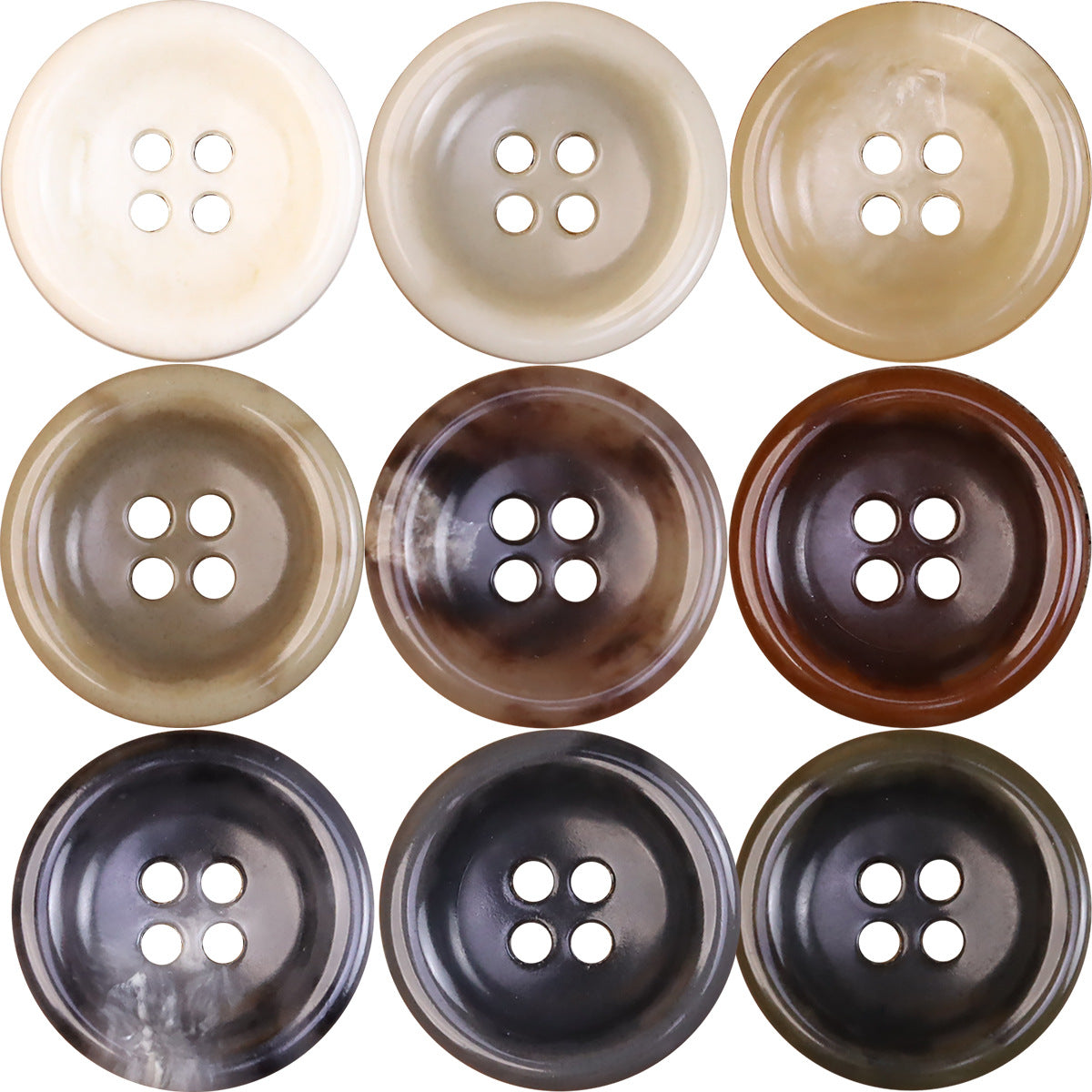 Round urea jacket buttons, imitation horn texture, 4-hole design in mixed colors