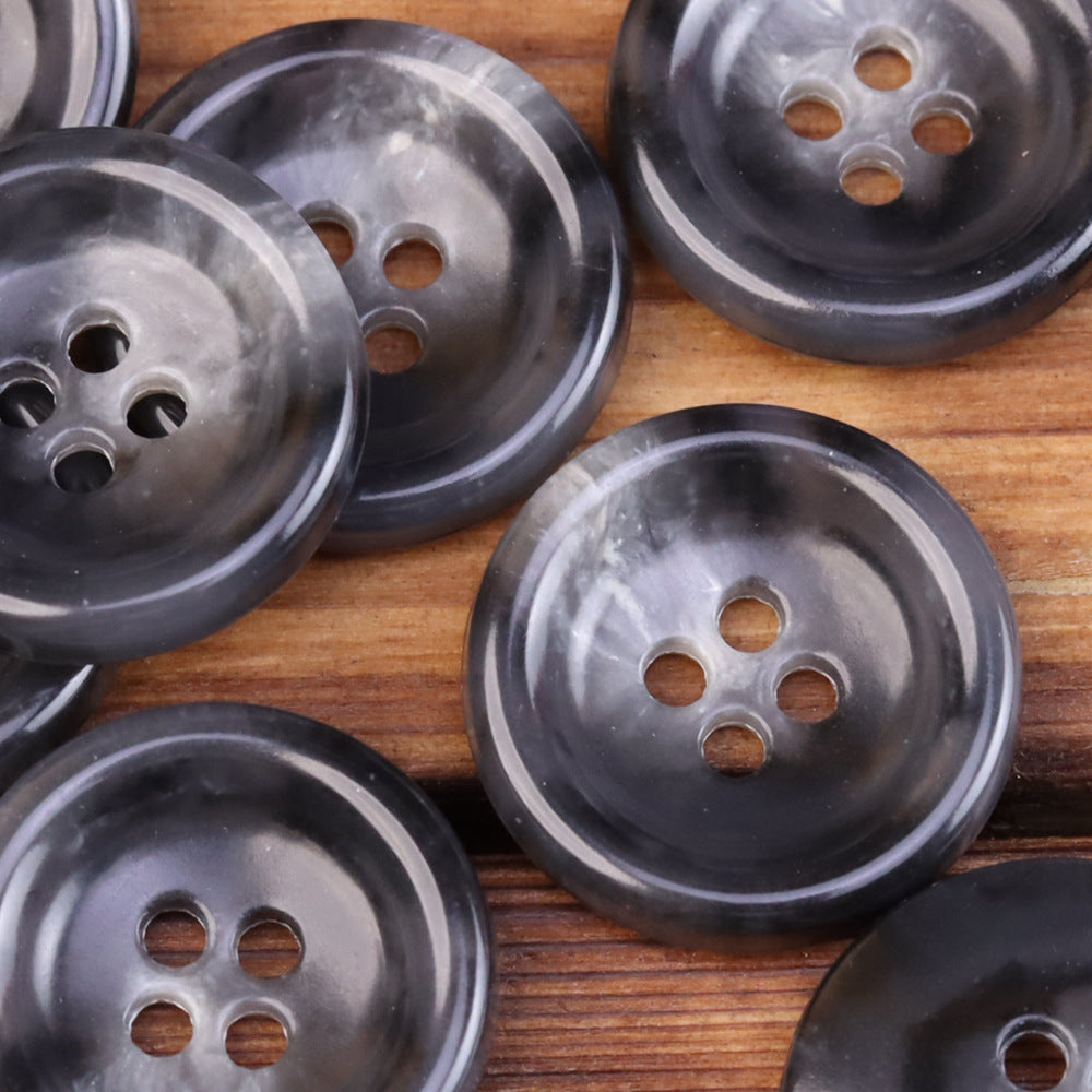 Dark gray 4-hole round urea jacket buttons, glossy imitation horn texture