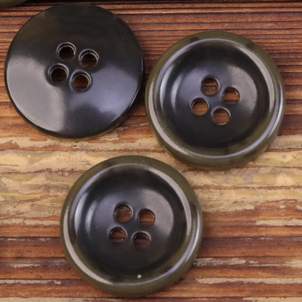 Dark and olive-tone 4-hole round urea jacket buttons with imitation horn texture