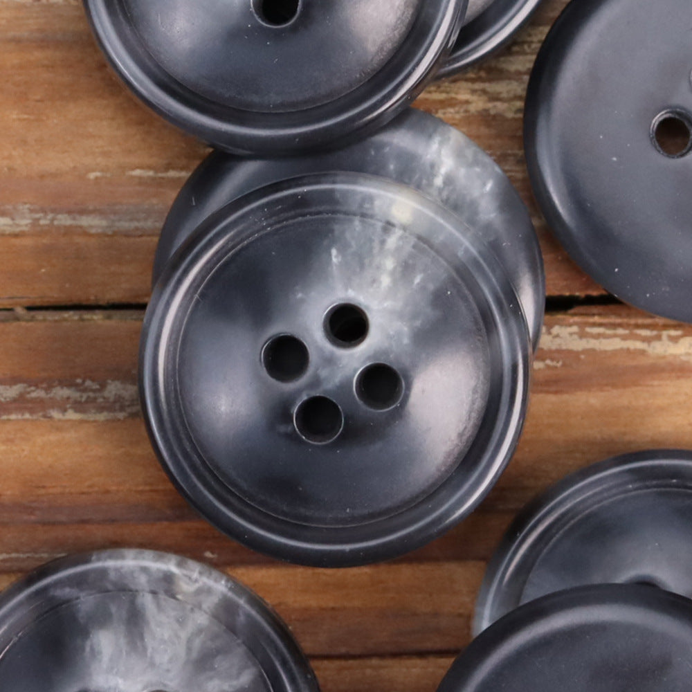 Black urea jacket buttons, round 4-hole design, 30-pack
