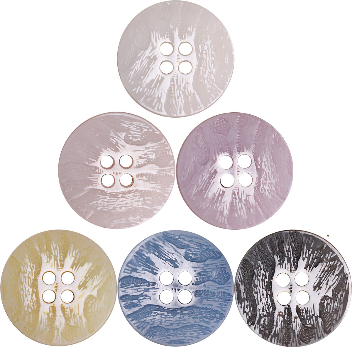 Wood-grain urea button set, round 4-hole—purple, blue, beige, black, pink tones