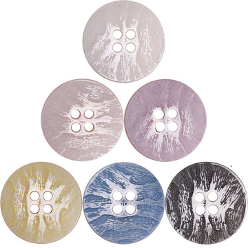 Wood-grain urea button set, round 4-hole—purple, blue, beige, black, pink tones