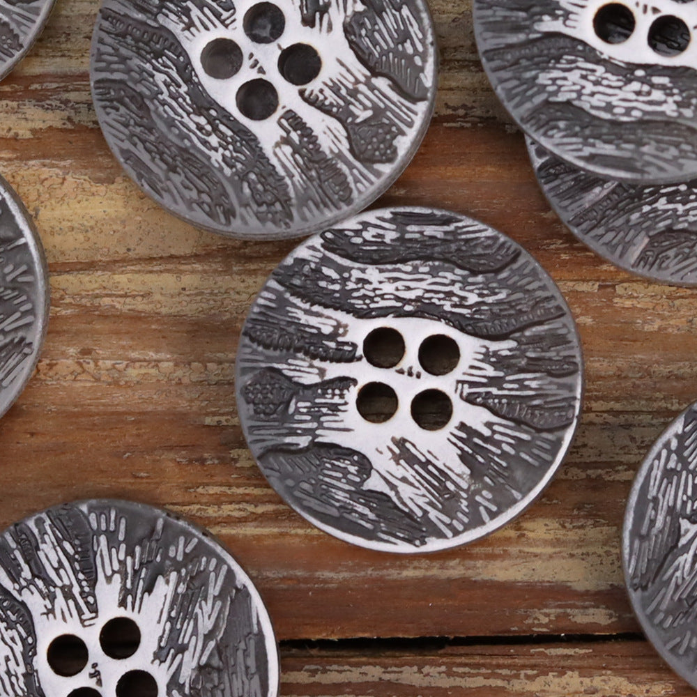 Black wood-grain urea buttons, round, 4-hole with high-contrast white speckles