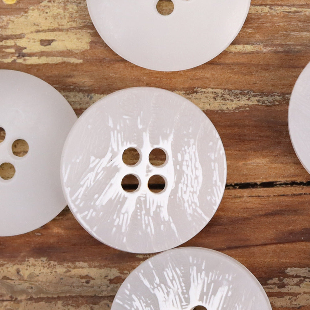 White wood-grain urea buttons, round, 4-hole, resin-like speckled texture