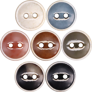 Round two-hole cardigan buttons, mixed burned urea colors with linen-like finish