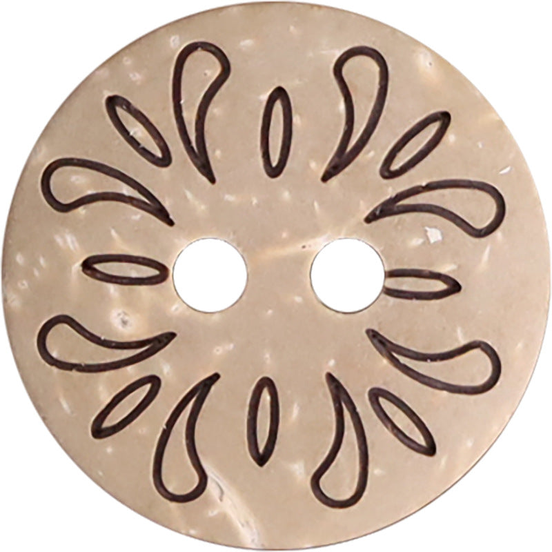 Natural white 2-hole wooden buttons, laser-cut floral pattern, close-up top view