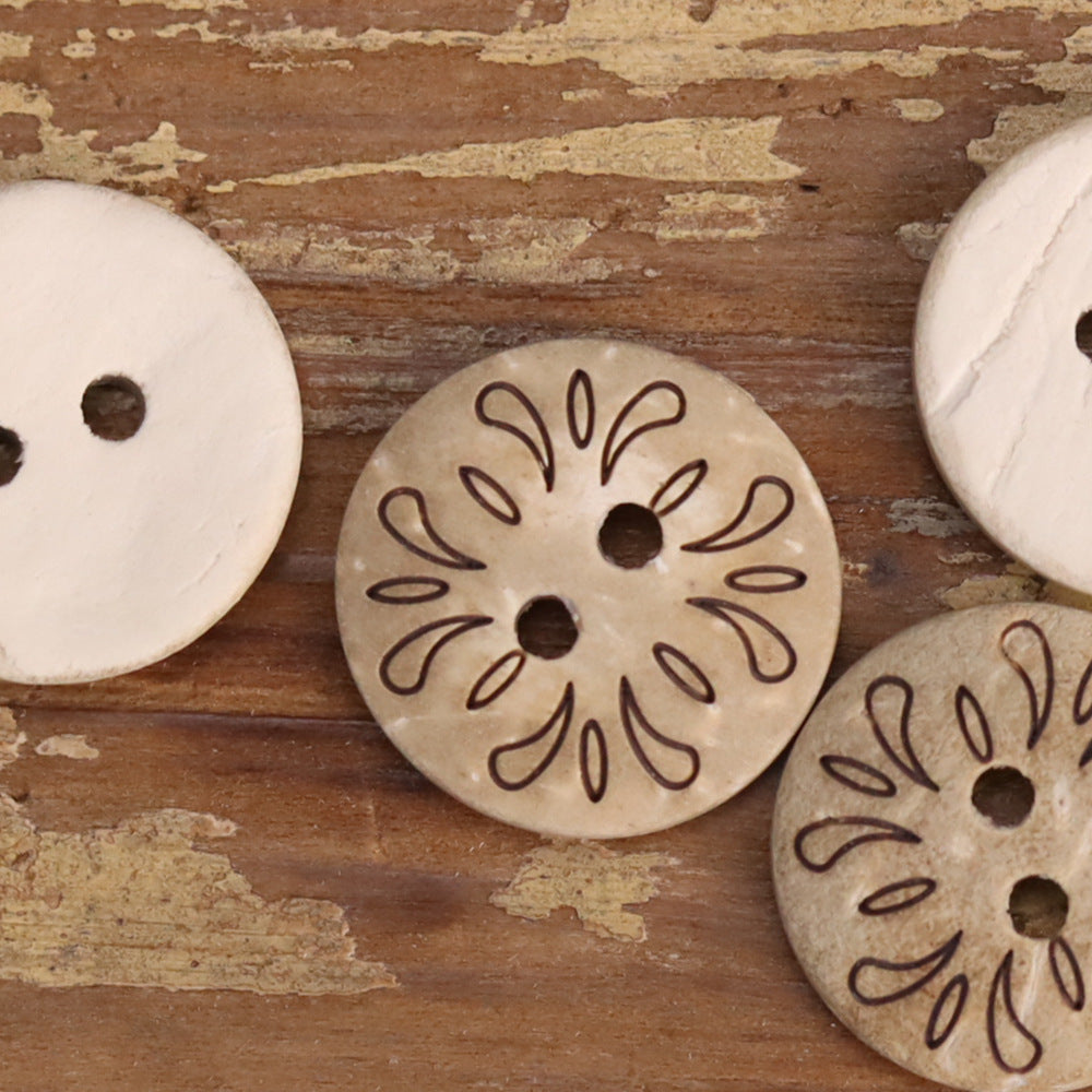 Centered floral 2-hole wooden button with two dark holes, surrounded by others