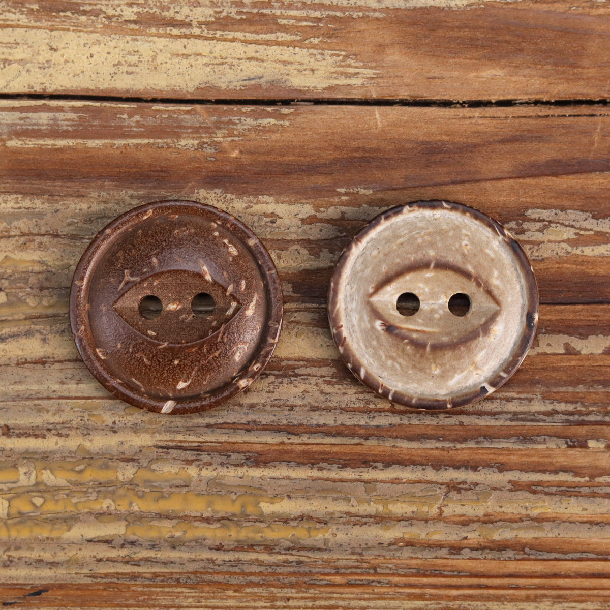 Natural coconut shell fish-eye buttons, mottled dark and light, two-hole design (pair)
