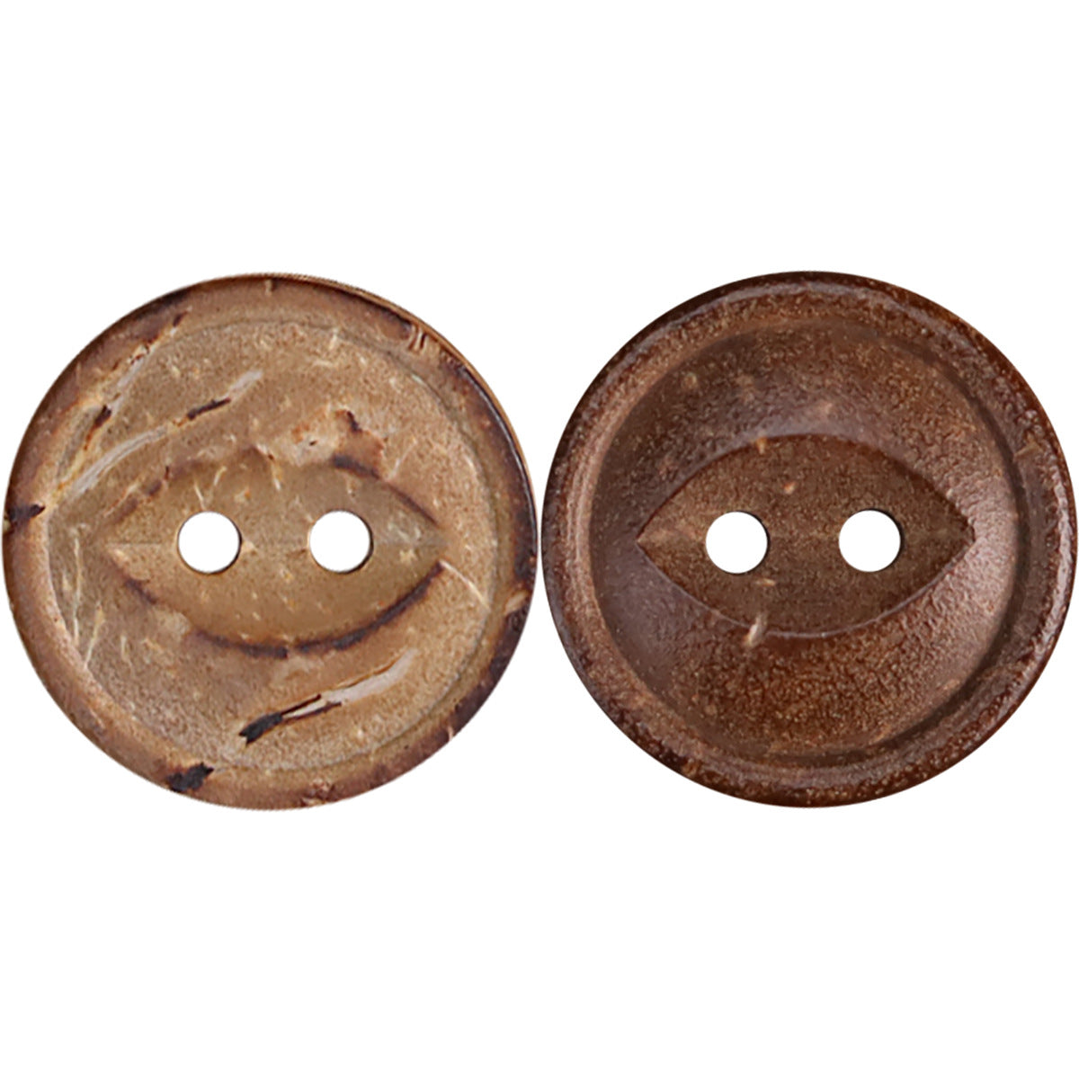 Natural coconut shell fish-eye buttons, mottled brown two-hole, pair view