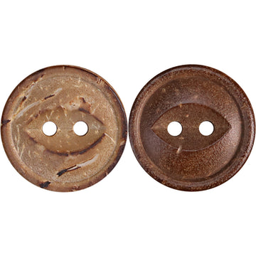 Natural coconut shell fish-eye buttons, mottled brown two-hole, pair view